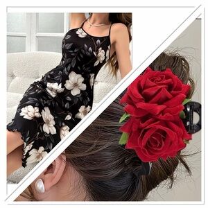 Floral Black Short Camisole Nightgown with bonus, red rose hair clip